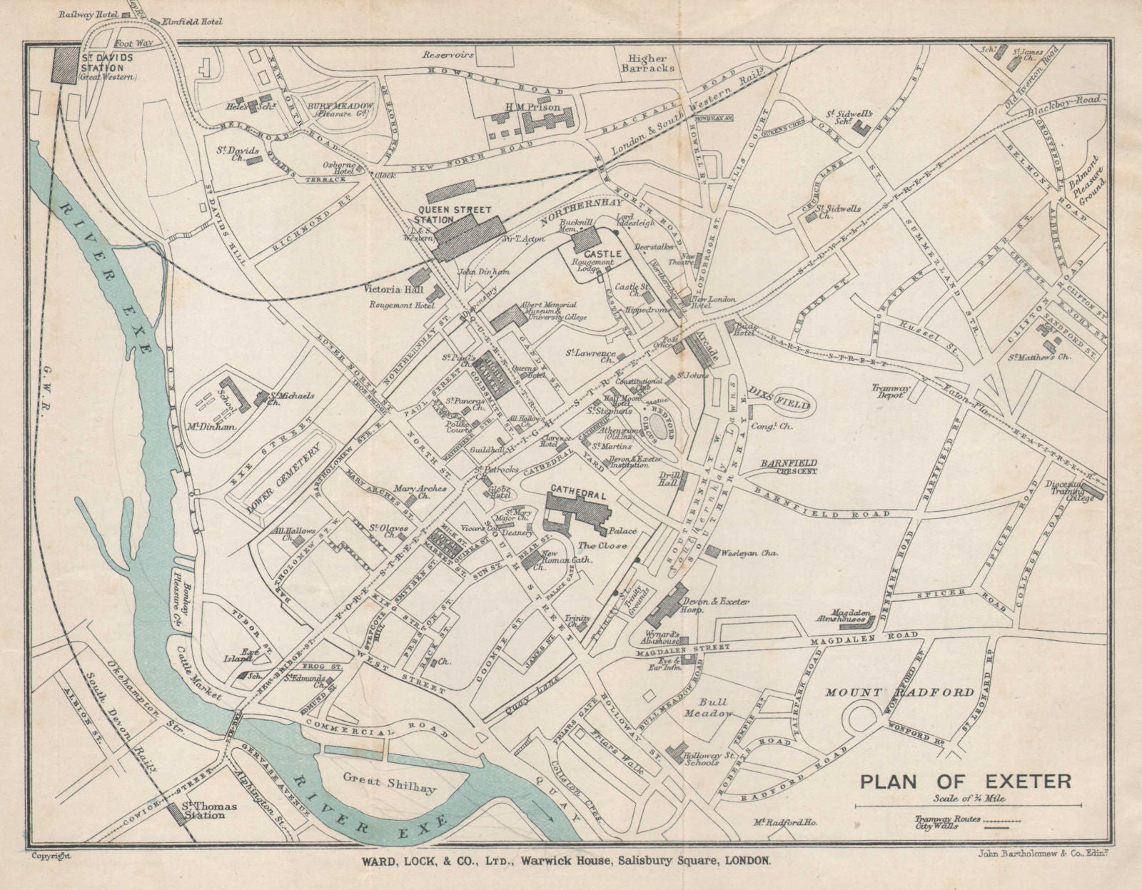 EXETER vintage tourist town city plan. Devon. WARD LOCK 1912 old antique map